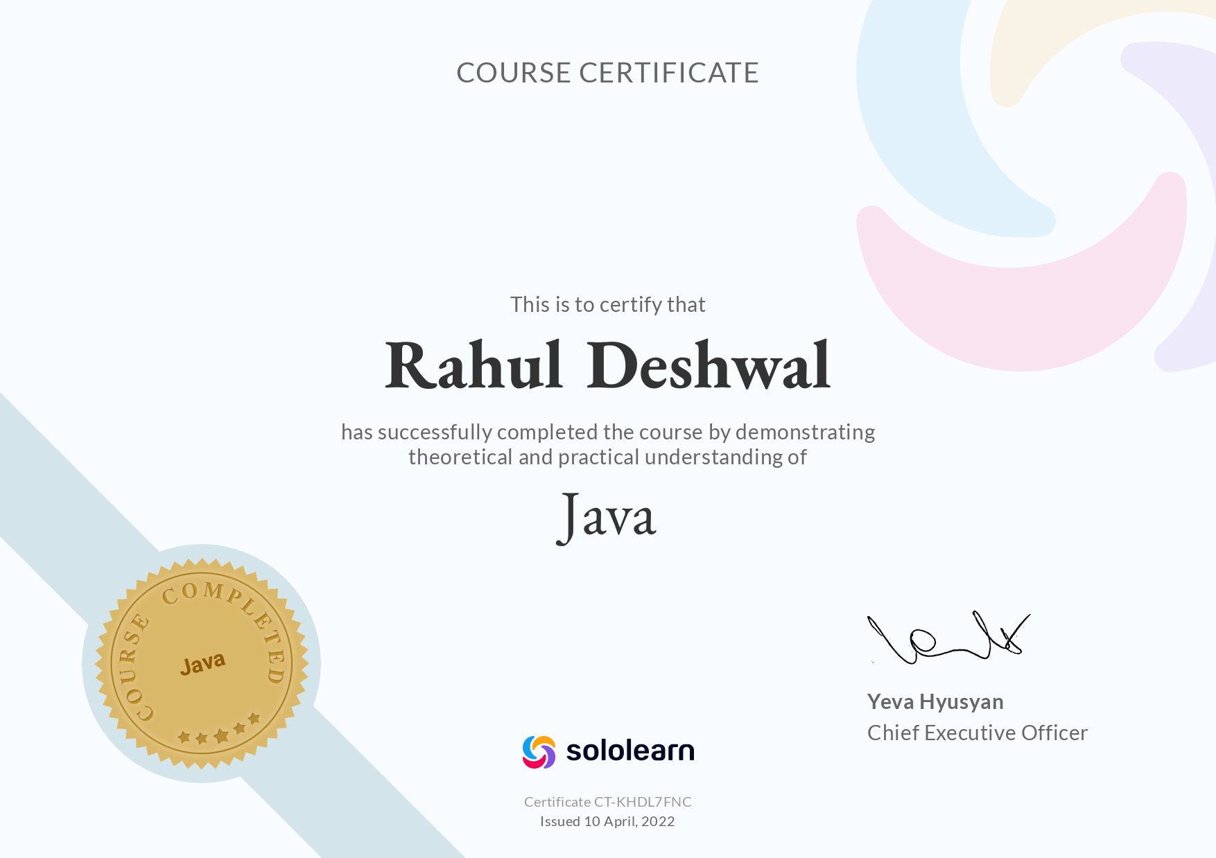 CoreJava Certificate